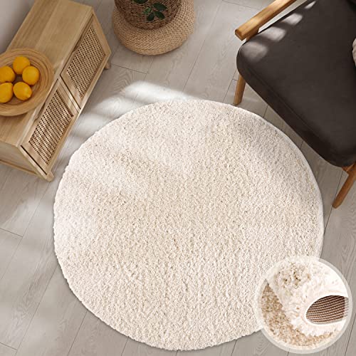 carpet city Hochflor Teppich Wohnzimmer - Einfarbig Creme - 160x160 cm Rund - Shaggyteppich Langflor Uni - Schlafzimmerteppich Flauschig Weich - Moderne Wohnzimmerteppiche von carpet city