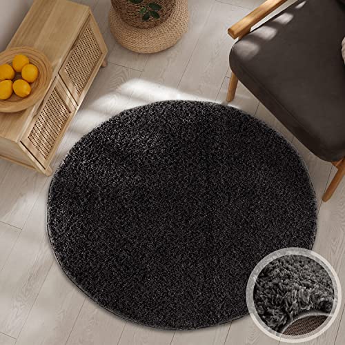 carpet city Hochflor Teppich Wohnzimmer - Einfarbig Schwarz - 200x200 cm Rund - Shaggyteppich Langflor Uni - Schlafzimmerteppich Flauschig Weich - Moderne Wohnzimmerteppiche von carpet city