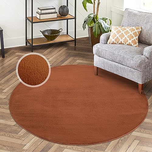 carpet city Hochflor Teppich Wohnzimmer - Einfarbig Terra - 120x120 cm Rund - Super Soft Polyester, Samtig-Flauschiger Flor - Fell-Teppiche für Schlafzimmer, Esszimmer, Arbeitszimmer von carpet city