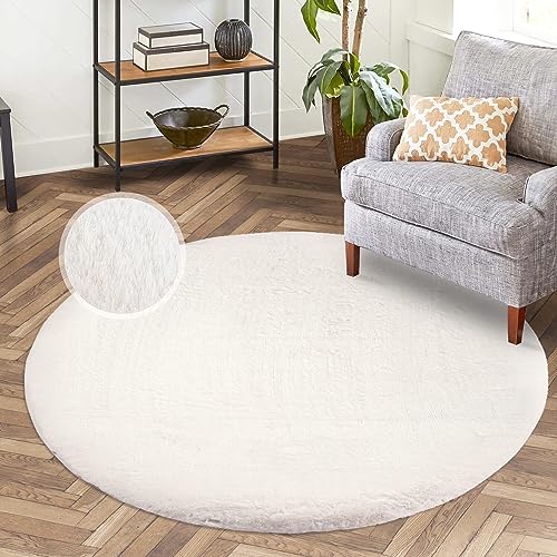 carpet city Hochflor Teppich Wohnzimmer - Einfarbig Weiss - 160x160 cm Rund - Super Soft Polyester, Samtig-Flauschiger Flor - Fell-Teppiche für Schlafzimmer, Esszimmer, Arbeitszimmer von carpet city