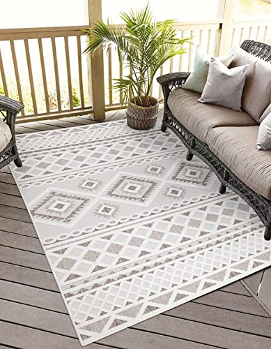 carpet city In-& Outdoor Teppich - 200x290 cm - für Innen-& Außenbereich - Wetterfest Balkon-Teppich, Terrasse, Flur, Küche - Wohnzimmer-Teppiche - Hochtief/ 3D-Effekt - Ethno-Look in Creme von carpet city