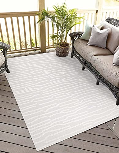 carpet city In-& Outdoor Teppich - 200x290 cm - für Innen-& Außenbereich - Wetterfest Balkon-Teppich, Terrasse, Flur, Küche - Wohnzimmer-Teppiche - Hochtief/ 3D-Effekt - Streifen-Muster in Creme von carpet city