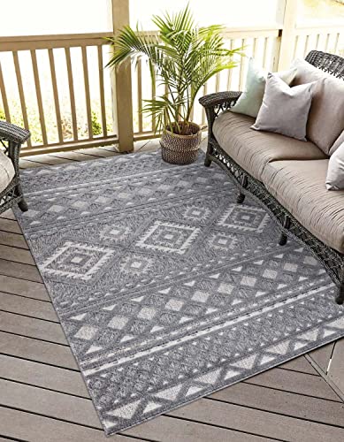 carpet city In-& Outdoor Teppich - 240x340 cm - für Innen-& Außenbereich - Wetterfest Balkon-Teppich, Terrasse, Flur, Küche - Wohnzimmer-Teppiche - Hochtief/ 3D-Effekt - Ethno-Look in Anthrazit von carpet city