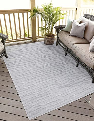 carpet city In-& Outdoor Teppich - 280x380 cm - für Innen-& Außenbereich - Wetterfest Balkon-Teppich, Terrasse, Flur, Küche - Wohnzimmer-Teppiche - Hochtief/ 3D-Effekt - Streifen-Muster in Grau von carpet city