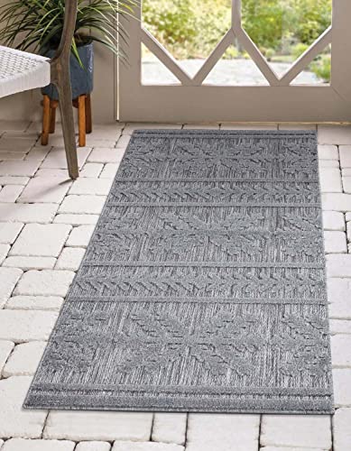 carpet city In-& Outdoor Teppich - 80x150 cm - für Innen-& Außenbereich - Wetterfest Balkon-Teppich, Terrasse, Flur, Küche - Wohnzimmer-Teppiche - Hochtief/ 3D-Effekt - Ethno-Optik in Anthrazit von carpet city