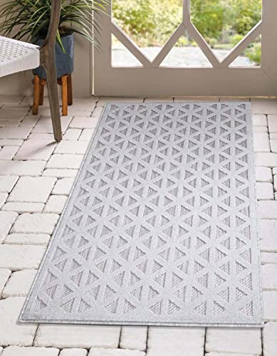 carpet city In-& Outdoor Teppich - 80x150 cm - für Innen-& Außenbereich - Wetterfest Balkon-Teppich, Terrasse, Flur, Küche - Wohnzimmer-Teppiche - Hochtief/ 3D-Effekt - Geo-Muster in Grau von carpet city