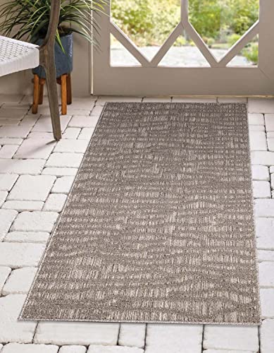 carpet city In-& Outdoor Teppich - 80x150 cm - für Innen-& Außenbereich - Wetterfest Balkon-Teppich, Terrasse, Flur, Küche - Wohnzimmer-Teppiche - Hochtief/ 3D-Effekt - Streifen-Muster in Braun von carpet city