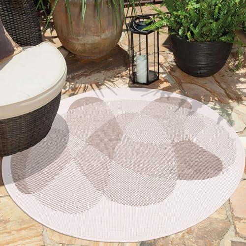 carpet city In- & Outdoor-Teppich Beige, Creme - Wendeteppich - 160 cm Rund - Abstraktes Geo-Muster - Wetterbeständig für Balkon, Terrasse - Teppiche Modern Indoor Wohnzimmer, Küche von carpet city