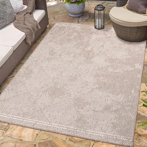 carpet city In- & Outdoor-Teppich Beige - Wendeteppich - 200x290 cm - Rauten-Muster - Wetterbeständig für Balkon, Terrasse - Teppiche Modern Indoor Wohnzimmer, Küche von carpet city