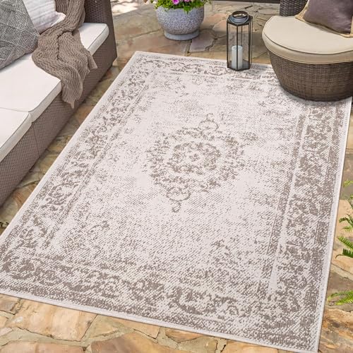 carpet city In- & Outdoor-Teppich Creme, Beige - Wendeteppich - 200x290 cm - Ornamente - Wetterbeständig für Balkon, Terrasse - Teppiche Modern Indoor Wohnzimmer, Küche von carpet city