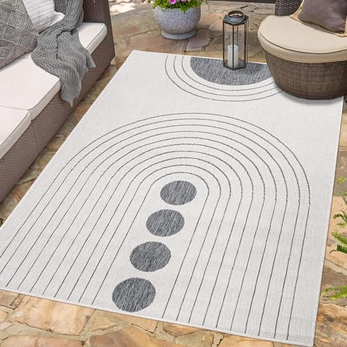 carpet city In- & Outdoor-Teppich Grau, Creme - Wendeteppich - 200x290 cm - Kreis-Muster - Wetterbeständig für Balkon, Terrasse - Teppiche Modern Indoor Wohnzimmer, Küche von carpet city