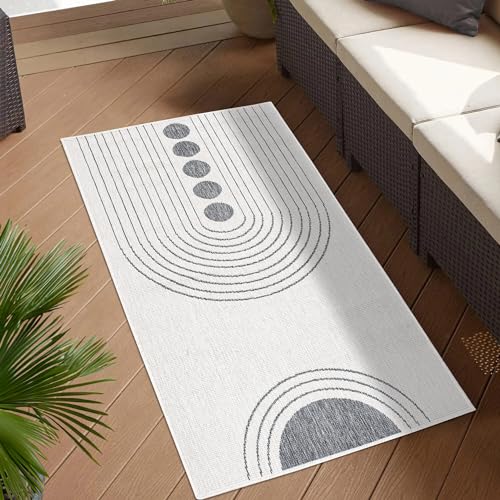 carpet city In- & Outdoor-Teppich Grau, Creme - Wendeteppich - 80x150 cm - Kreis-Muster - Wetterbeständig für Balkon, Terrasse - Läufer Modern Indoor Flur, Küche von carpet city