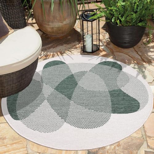 carpet city In- & Outdoor-Teppich Grün, Creme - Wendeteppich - 120 cm Rund - Abstraktes Geo-Muster - Wetterbeständig für Balkon, Terrasse - Teppiche Modern Indoor Wohnzimmer, Küche von carpet city