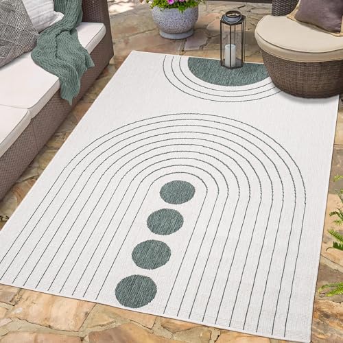 carpet city In- & Outdoor-Teppich Grün, Creme - Wendeteppich - 160x230 cm - Kreis-Muster - Wetterbeständig für Balkon, Terrasse - Teppiche Modern Indoor Wohnzimmer, Küche von carpet city