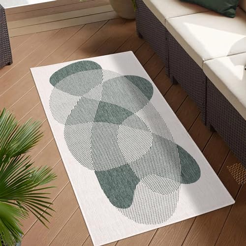 carpet city In- & Outdoor-Teppich Grün, Creme - Wendeteppich - 80x150 cm - Abstraktes Geo-Muster - Wetterbeständig für Balkon, Terrasse - Läufer Modern Indoor Flur, Küche von carpet city