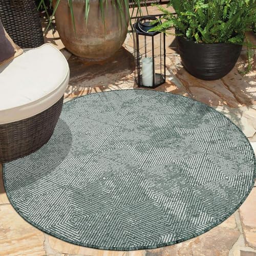 carpet city In- & Outdoor-Teppich Grün - Wendeteppich - 120 cm Rund - Rauten-Muster - Wetterbeständig für Balkon, Terrasse - Teppiche Modern Indoor Wohnzimmer, Küche von carpet city