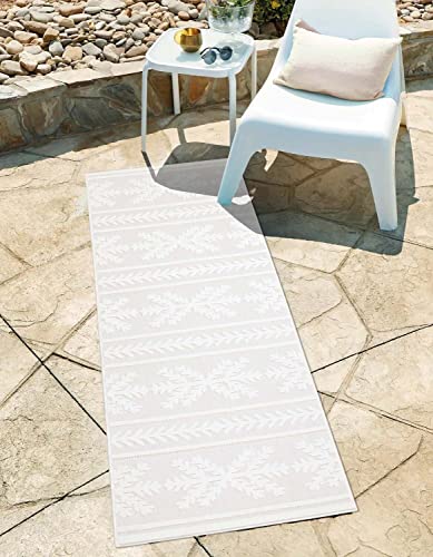 carpet city In-& Outdoor Teppich - Läufer 80x250 cm - für Innen-& Außenbereich - Wetterfest Balkon-Teppich, Terrasse, Flur, Küche - Wohnzimmer-Teppiche - Hochtief/ 3D-Effekt - Ethno-Optik in Creme von carpet city