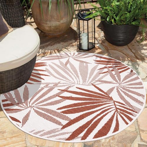 carpet city In- & Outdoor-Teppich Rot, Creme - Wendeteppich - 120 cm Rund - Florales Muster - Wetterbeständig für Balkon, Terrasse - Teppiche Modern Indoor Wohnzimmer, Küche von carpet city