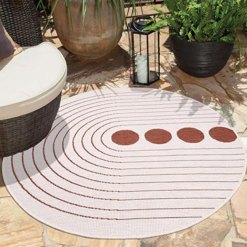 carpet city In- & Outdoor-Teppich Rot, Creme - Wendeteppich - 160 cm Rund - Kreis-Muster - Wetterbeständig für Balkon, Terrasse - Teppiche Modern Indoor Wohnzimmer, Küche von carpet city