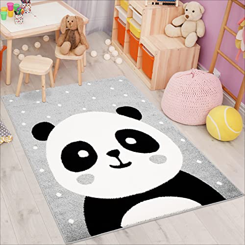 carpet city Kinderteppich Bubble Kids Flachflor Panda-Bär, weiß gepunktet in Grau für Kinderzimmer; Größe: 140x200 cm von carpet city