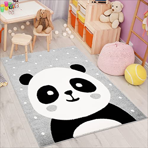 carpet city Kinderteppich Bubble Kids Flachflor Panda-Bär, weiß gepunktet in Grau für Kinderzimmer; Größe: 160x225 cm von carpet city