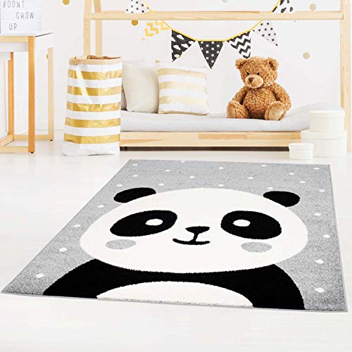 carpet city Kinderteppich Bubble Kids Flachflor Panda-Bär, weiß gepunktet in Grau für Kinderzimmer; Größe: 160x225 cm von carpet city