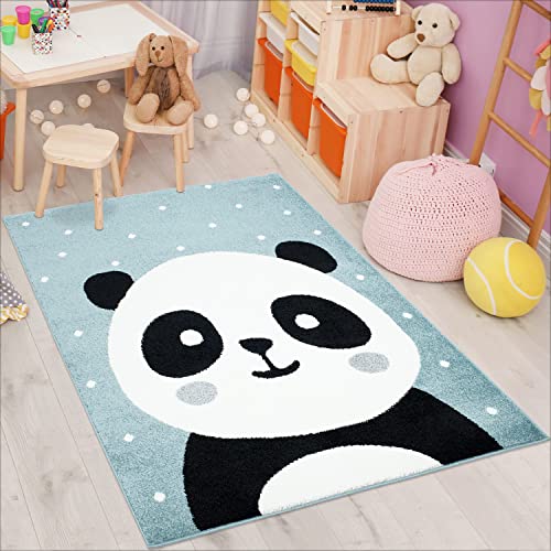 carpet city Kinderzimmer Baby Panda Teppich Blau 140x200 cm Weiße Punkte Flachflor Kinderteppiche von carpet city