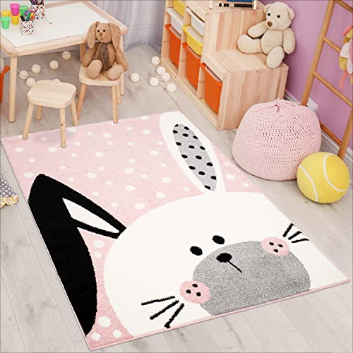 carpet city Kinderteppich Bubble Kids Flachflor Schlappohr-Hase, weiß gepunktet in Rosa für Kinderzimmer; Größe: 140x200 cm von carpet city