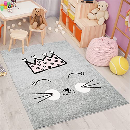 carpet city Kinderteppich Bubble Kids Flachflor mit Katze und Krone in Grau für Kinderzimmer; Größe: 120x160 cm von carpet city