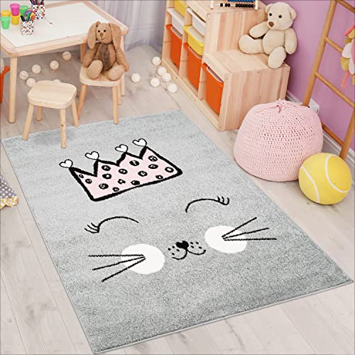 carpet city Kinderteppich Bubble Kids Flachflor mit Katze und Krone in Grau für Kinderzimmer; Größe: 140x200 cm von carpet city