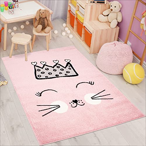 carpet city Kinderteppich Bubble Kids Flachflor mit Katze und Krone in Rosa für Kinderzimmer; Größe: 140x200 cm von carpet city