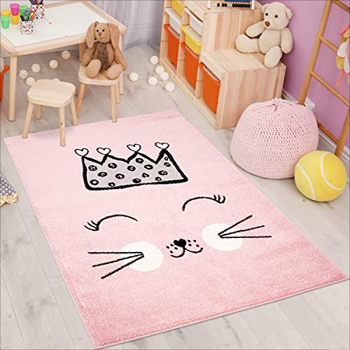 carpet city Kinderteppich Bubble Kids Flachflor mit Katze und Krone in Rosa für Kinderzimmer; Größe: 80x150 cm von carpet city