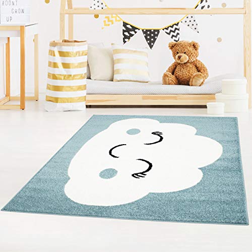 carpet city Kinderteppich Bubble Kids Flachflor mit Wolken-Motiv in Petrol-Blau für Kinderzimmer; Größe: 160x225 cm von carpet city