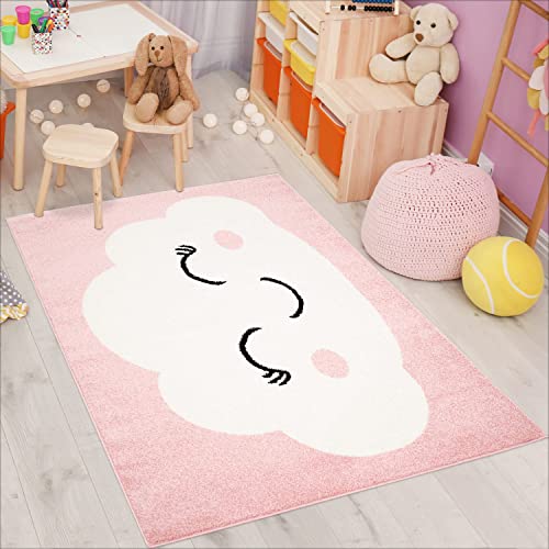 carpet city Kinderteppich Bubble Kids Flachflor mit Wolken-Motiv in Rosa für Kinderzimmer; Größe: 140x200 cm von carpet city