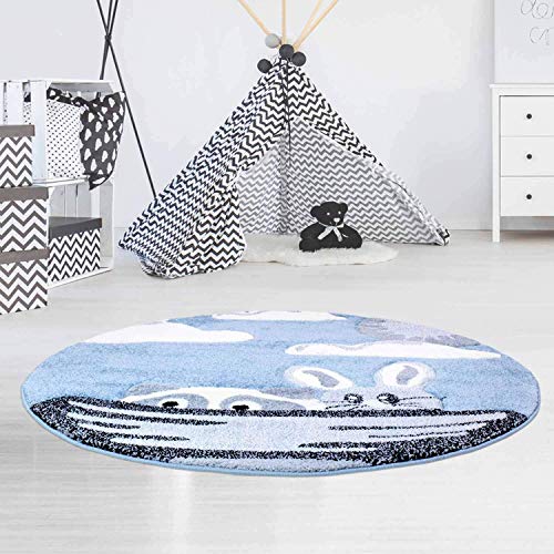 carpet city Kinderteppich Bueno Flachflor Konturenschnitt mit Tieren Hase Waschbär Boot in Blau für Kinderzimmer, Größe: 120 cm rund von carpet city