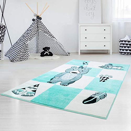 carpet city Kinderteppich Bueno Indianer-Bär Tipi Mint Türkis mit Konturenschnitt, Glanzgarn Kinderzimmer; Größe: 140x200 cm von carpet city