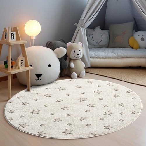 carpet city Kinderteppich Creme, Beige - 120x120 cm Rund - Sterne Muster - Kurzflor Teppiche Kinderzimmer, Spielzimmer von carpet city