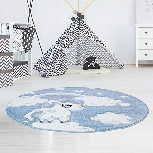 carpet city Kinderteppich Flachflor Bueno Konturenschnitt mit Einhorn Sterne Regenbogen in Blau für Kinderzimmer, Größe: 160 cm rund von carpet city