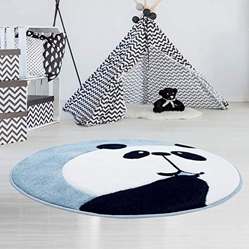 carpet city Kinderteppich Flachflor Bueno Panda-Bär in Blau mit Konturenschnitt, Glanzgarn für Kinderzimmer; Größe: 120x120 cm Rund von carpet city