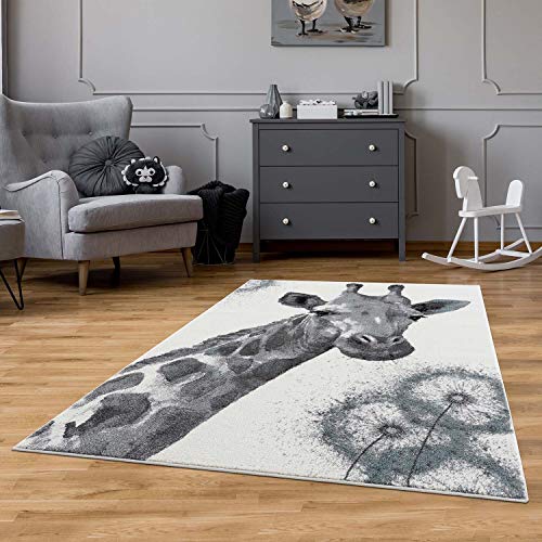 carpet city Teppich Kinderzimmer Creme, Grau - Kinderteppich Tier-Muster Giraffe - 120x160 cm - Kinderzimmerteppiche Jungen und Mädchen - Kurzflorteppich Modern Wohnzimmer Jugendzimmer von carpet city