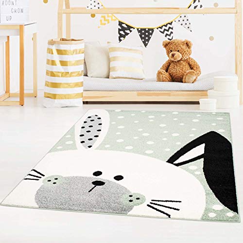 carpet city Kinderteppich Hase Grün 120x160 cm -Weiß Gepunktet - Kinderzimmer-Teppiche Tiermotiv von carpet city