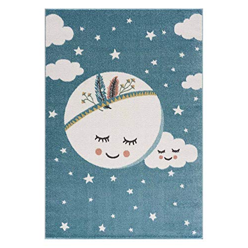 carpet city Kinderteppich Kinderzimmer Blau - 80x150 cm - Mond Sterne - Kinderzimmerteppiche Mädchen Jungen - Babyzimmer-Teppich - Spielteppich - Sternenteppich von carpet city