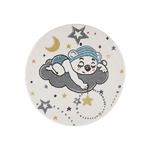 carpet city Kinderteppich Kinderzimmer Creme - 120 cm Rund - Nachthimmel Sterne Mond - Kinderzimmerteppiche Mädchen Jungen - Babyzimmer-Teppich - Spielteppich von carpet city