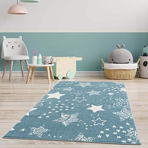 carpet city Kinderteppich Läufer - Sterne Sternen-Himmel 80x150 cm Blau - Kinderzimmer Teppich Modern von carpet city