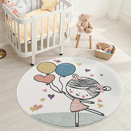 carpet city Kinderteppich - Mädchen Luftballon 120 cm Rund Creme Multi- Kinderzimmer Teppich Modern von carpet city