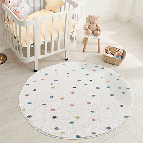 carpet city Kinderteppich Modern - Bunt Gepunktet 120 cm Rund Creme - Jugendzimmer Teppich von carpet city