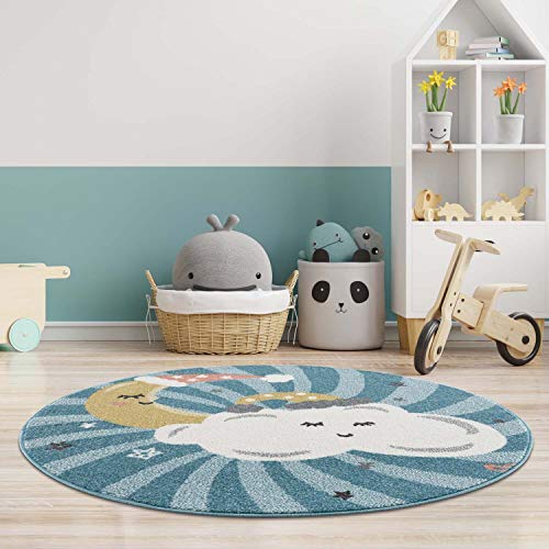 carpet city Kinderteppich Kinderzimmer Blau - 120 cm Rund - Mond Wolken Sterne - Kinderzimmerteppiche Mädchen Jungen - Babyzimmer-Teppich - Spielteppich von carpet city