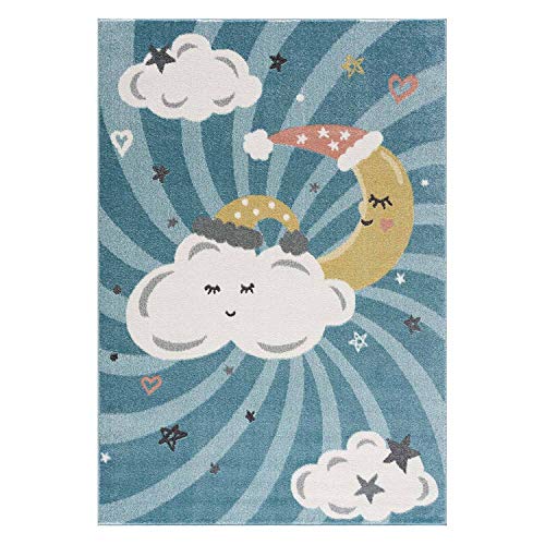 carpet city Kinderteppich Kinderzimmer Blau - 140x200 cm - Mond Wolken Sterne - Kinderzimmerteppiche Mädchen Jungen - Babyzimmer-Teppich - Spielteppich von carpet city