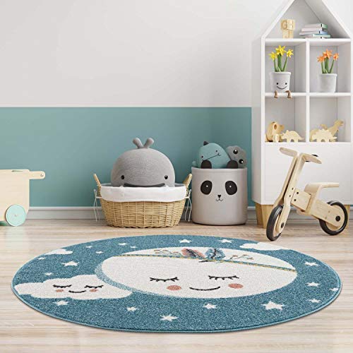 carpet city Kinderteppich Kinderzimmer Blau - 120 cm Rund - Mond Sterne - Kinderzimmerteppiche Mädchen Jungen - Babyzimmer-Teppich - Spielteppich - Sternenteppich von carpet city