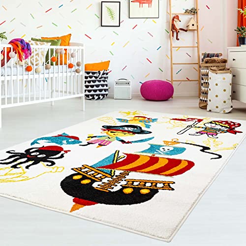 carpet city Kinderteppich Pirat Creme/Bunt - 190x280 cm - Piraten-Teppich Kinderzimmer - Tier-Motive Spielteppich - Kinderzimmerteppiche Modern - Schadstoffgeprüft von carpet city